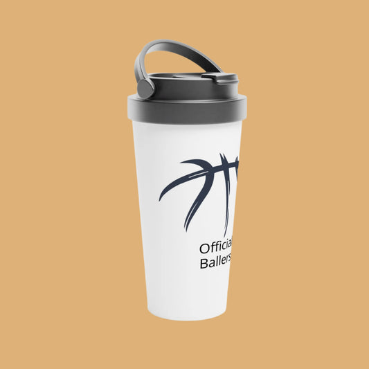 White shaker bottle with black lid and logo on a beige background
