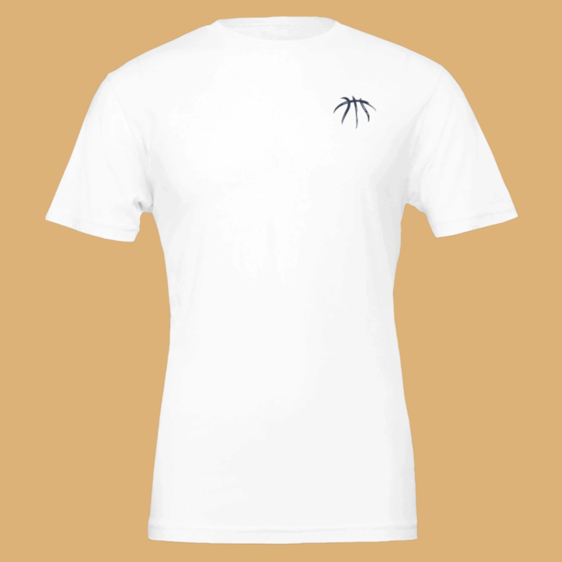 White t-shirt with a small black logo on the back against a dark background