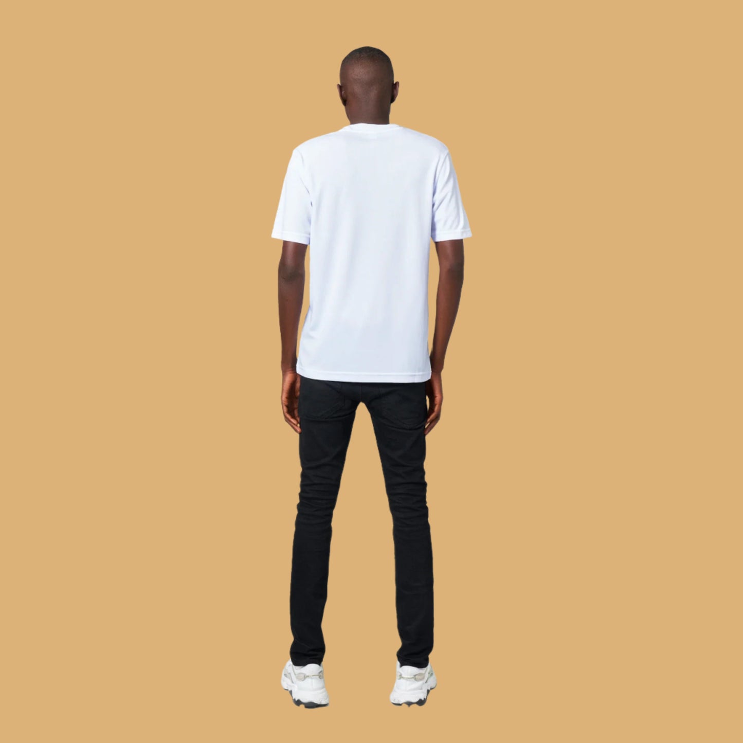 Person wearing a white t-shirt and black pants on a white background