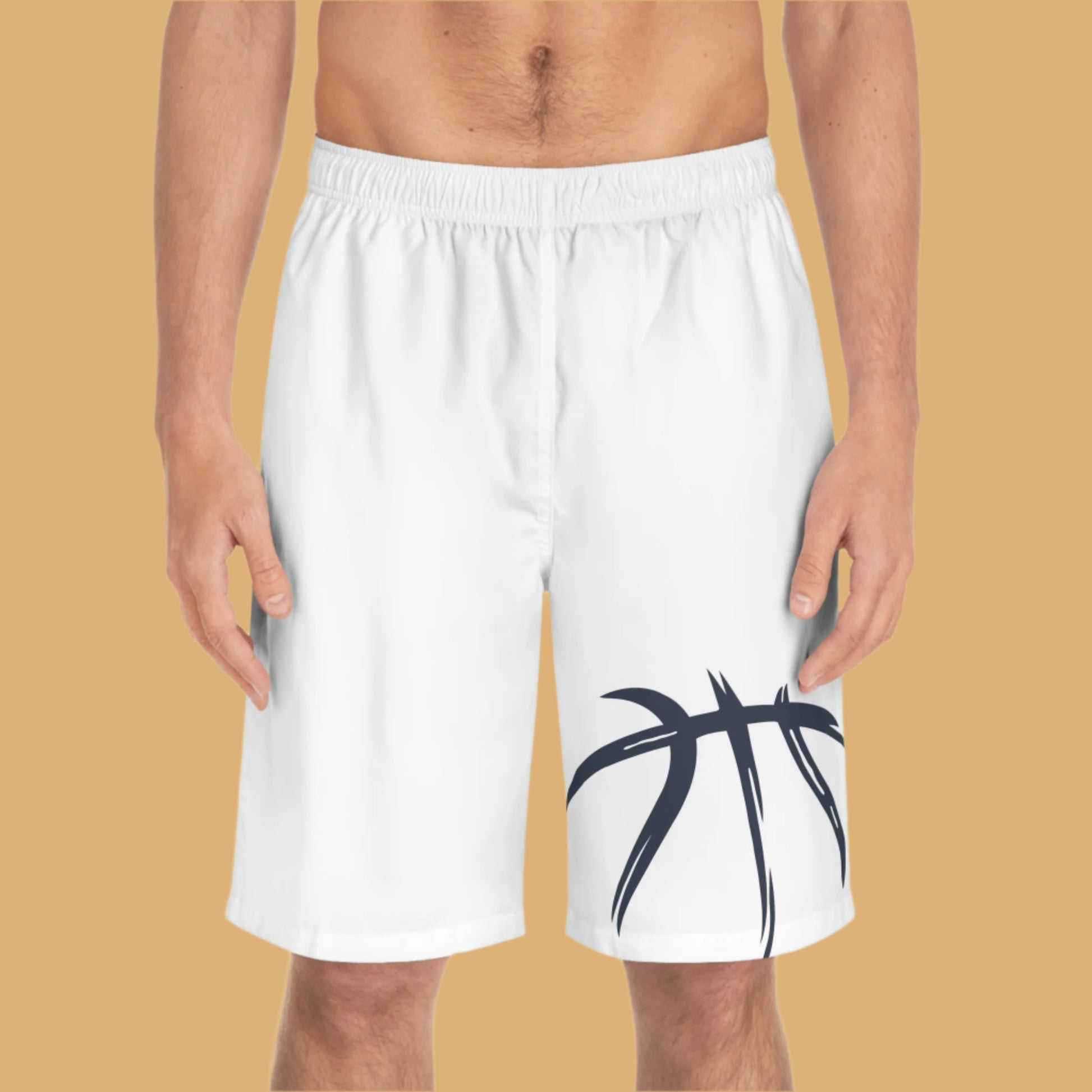 White shorts with a black design on a white background