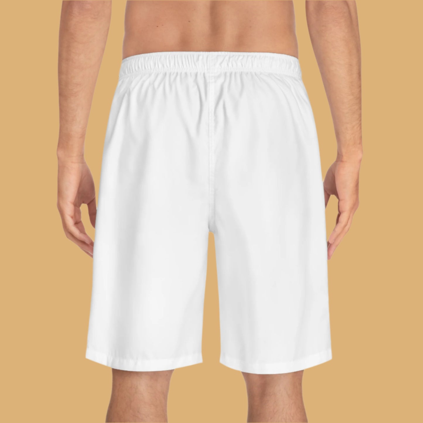 White shorts worn by a person on a beige background