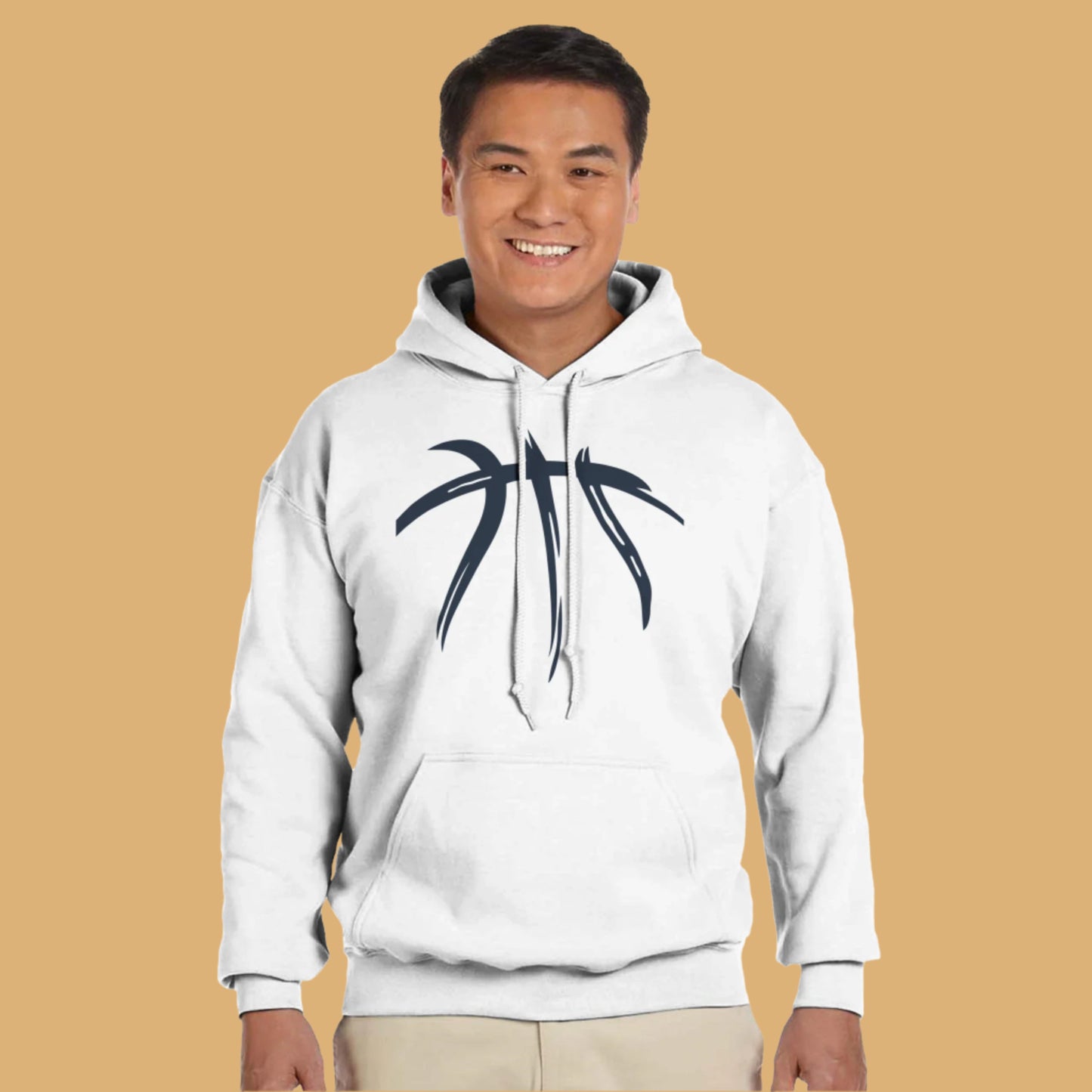 Person wearing a white hoodie with a black graphic design on a white background