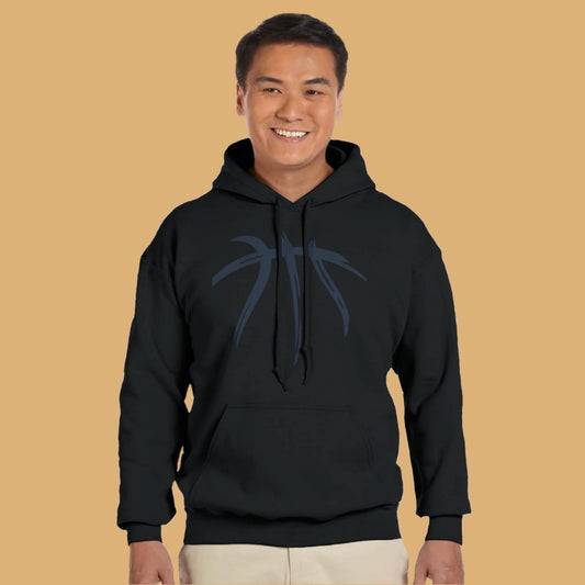 Person wearing a black hoodie with a blue design on a white background