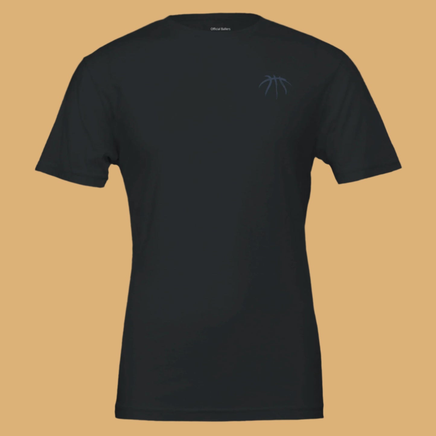 Black t-shirt with a logo on a dark background