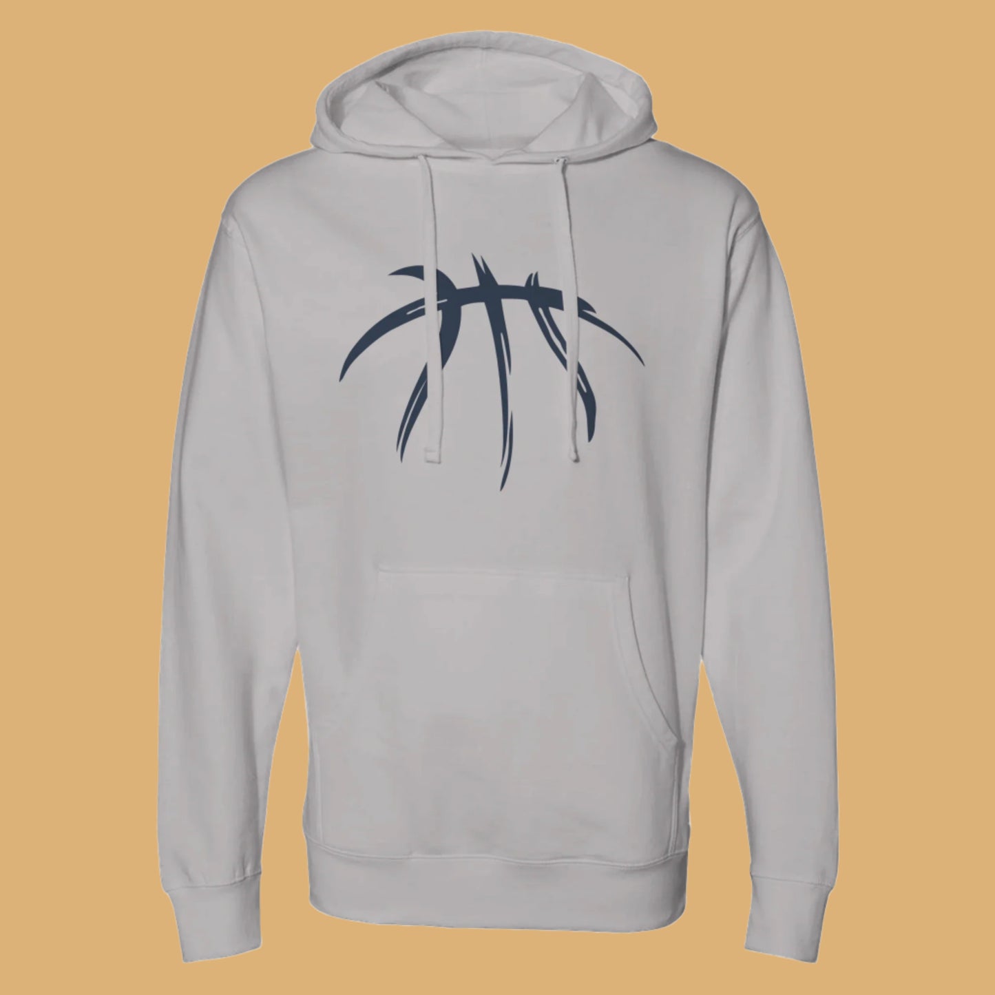 Gray hoodie with a black basketball graphic on a white background