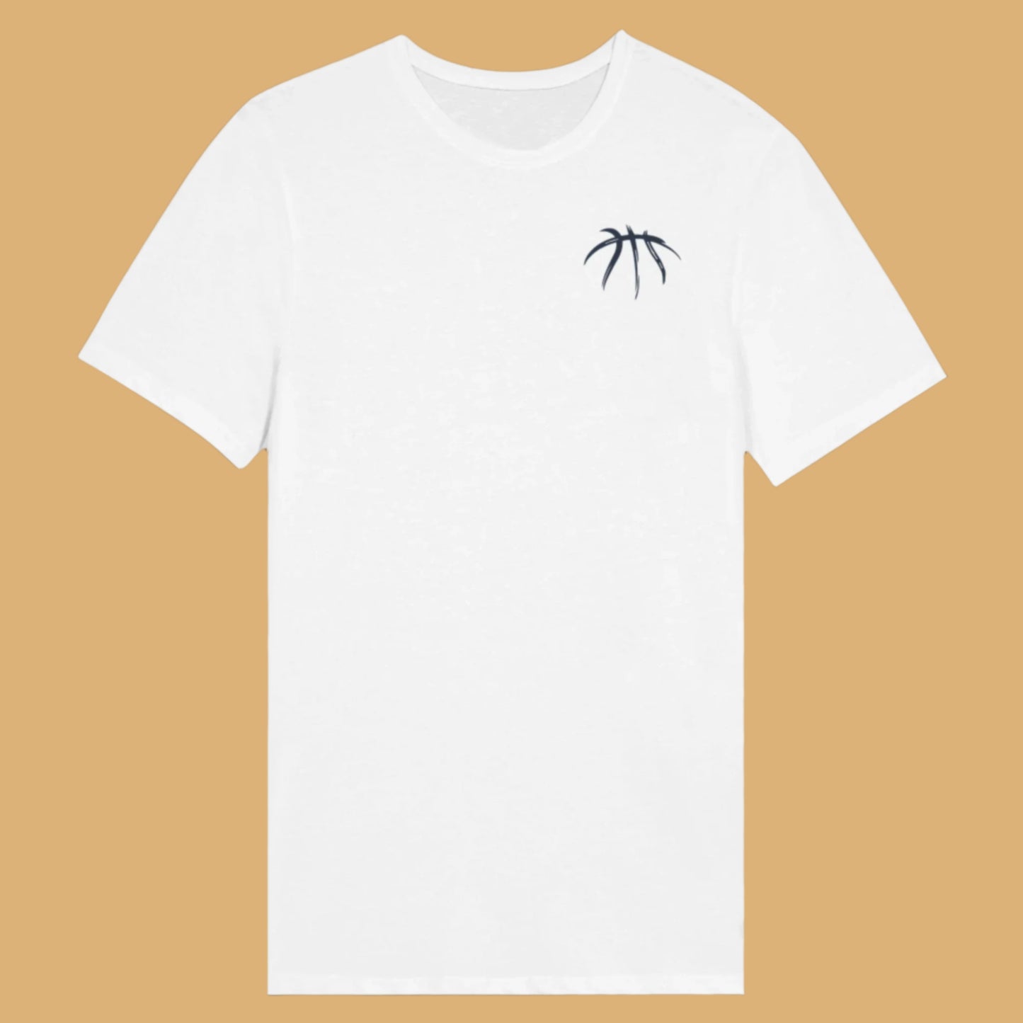 White t-shirt with a black logo on a dark gray background