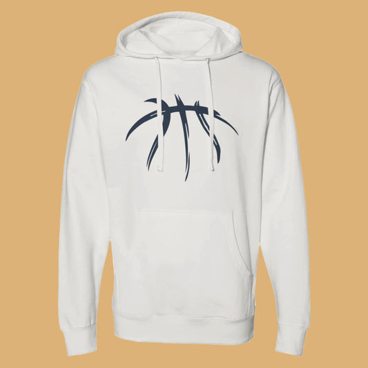White hoodie with a black abstract design on a white background