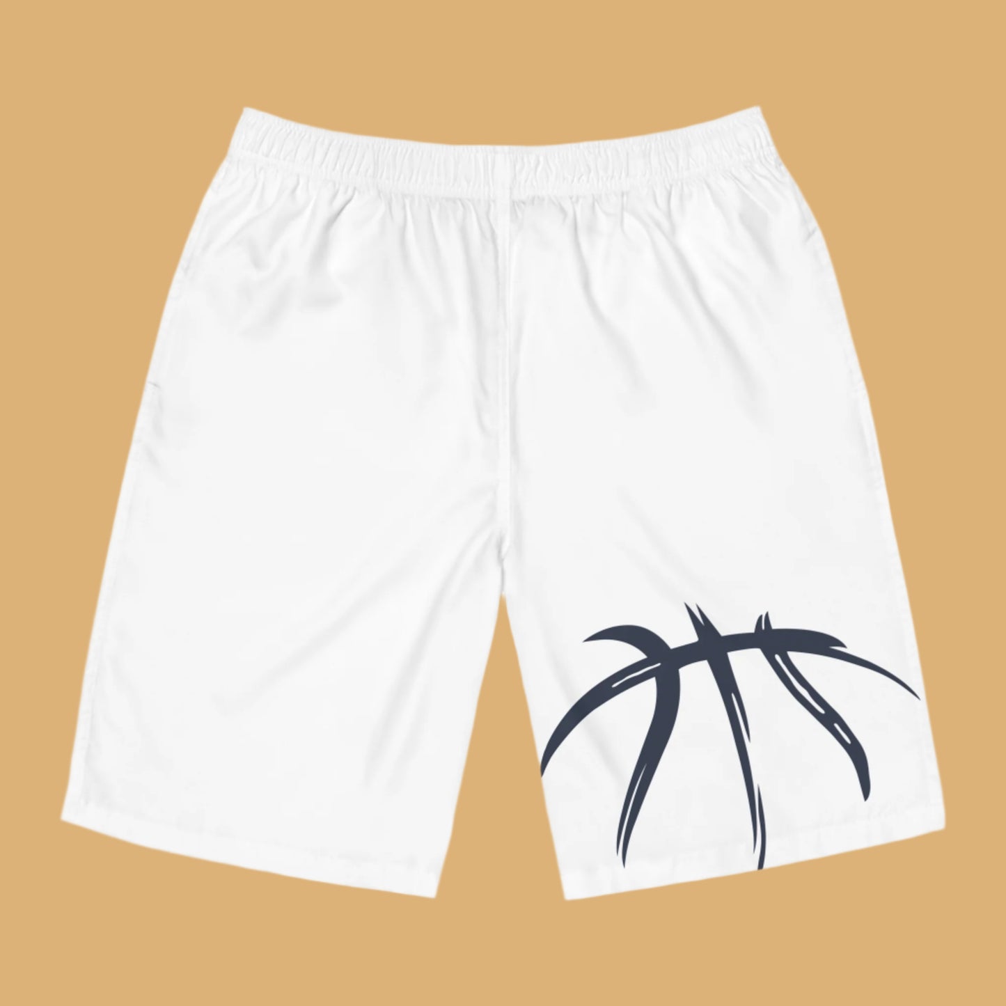 White shorts with a black palm tree design on a white background