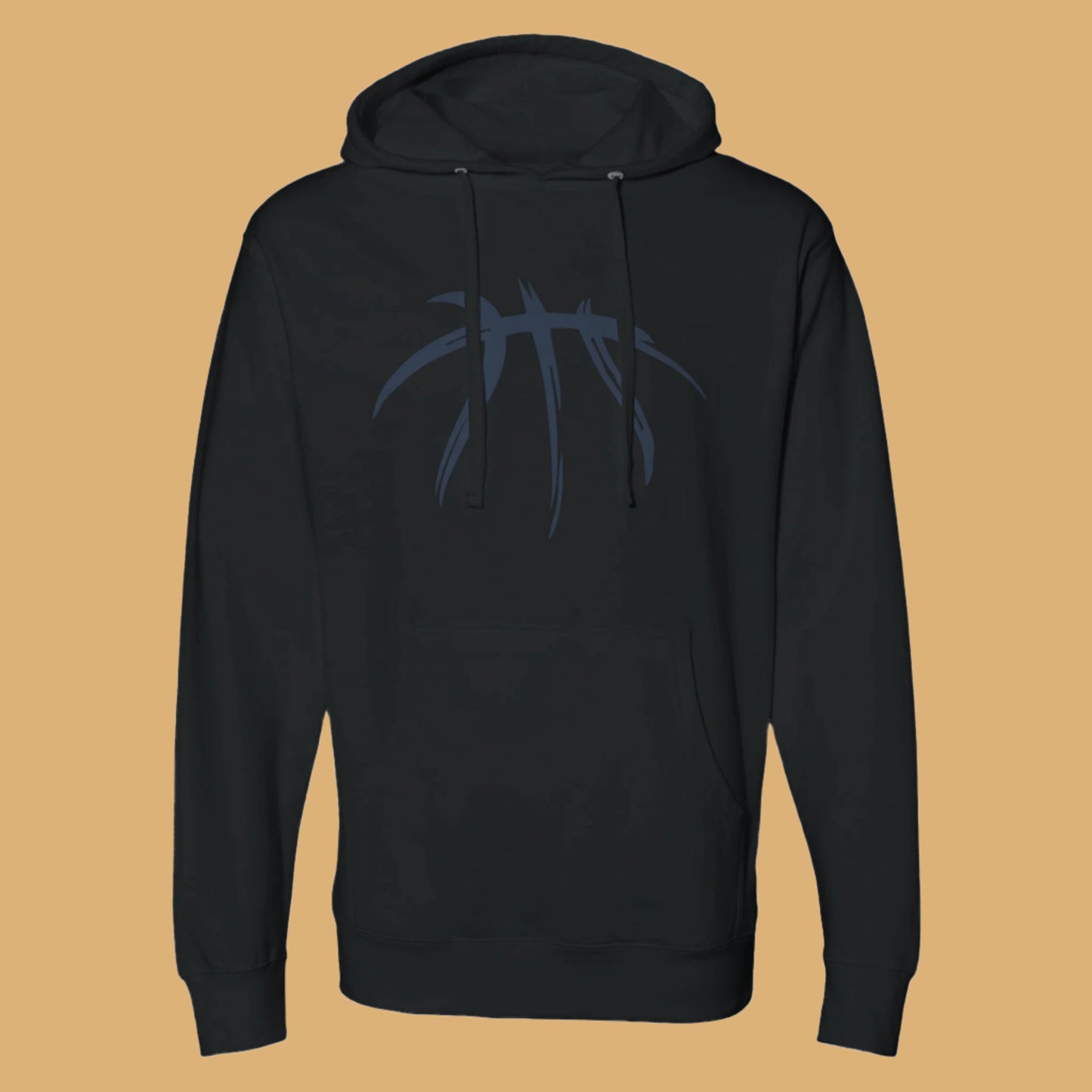 Black hoodie with a basketball design on the back against a white background