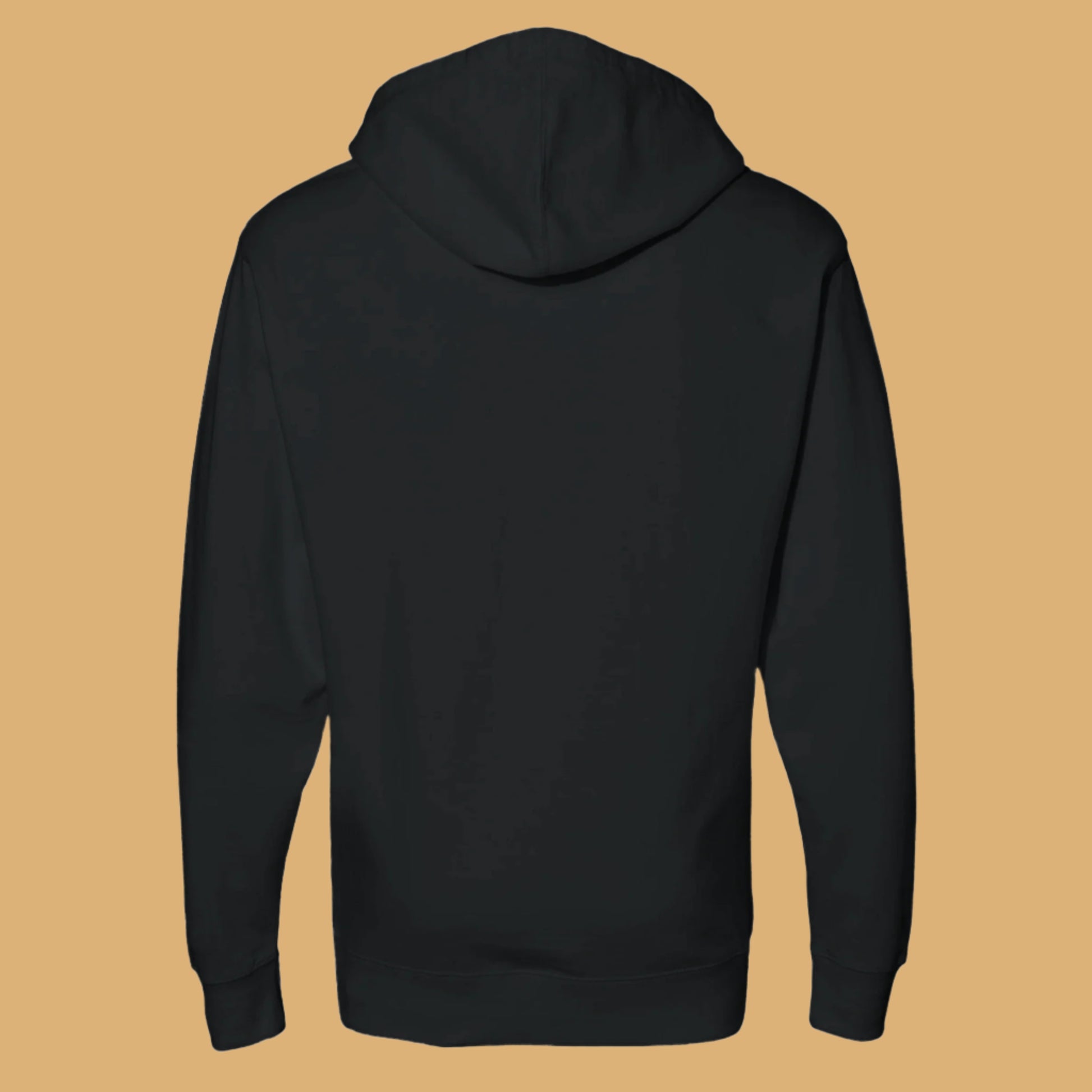 Black hoodie shown from the back on a white background