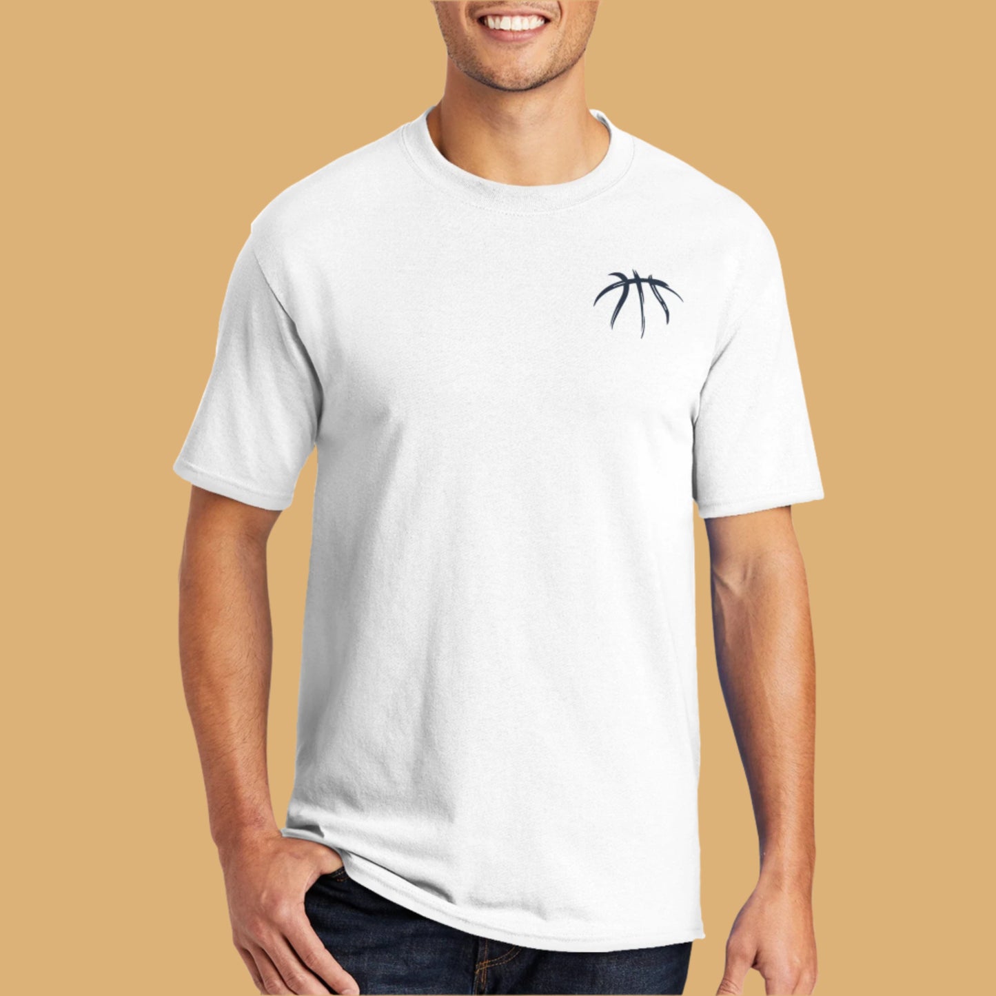 Person wearing a white t-shirt with a black logo on a white background