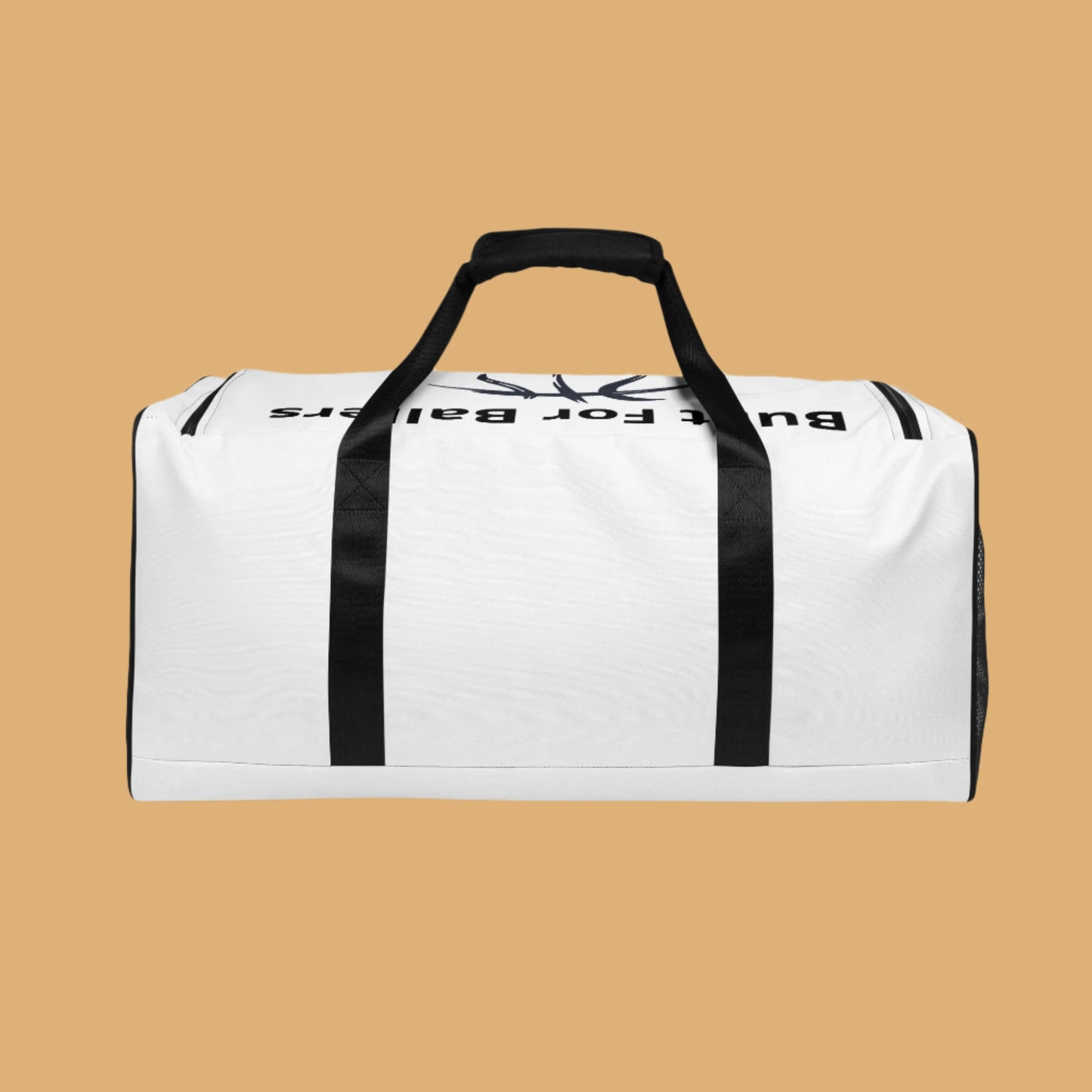 White duffel bag with black straps on a white background