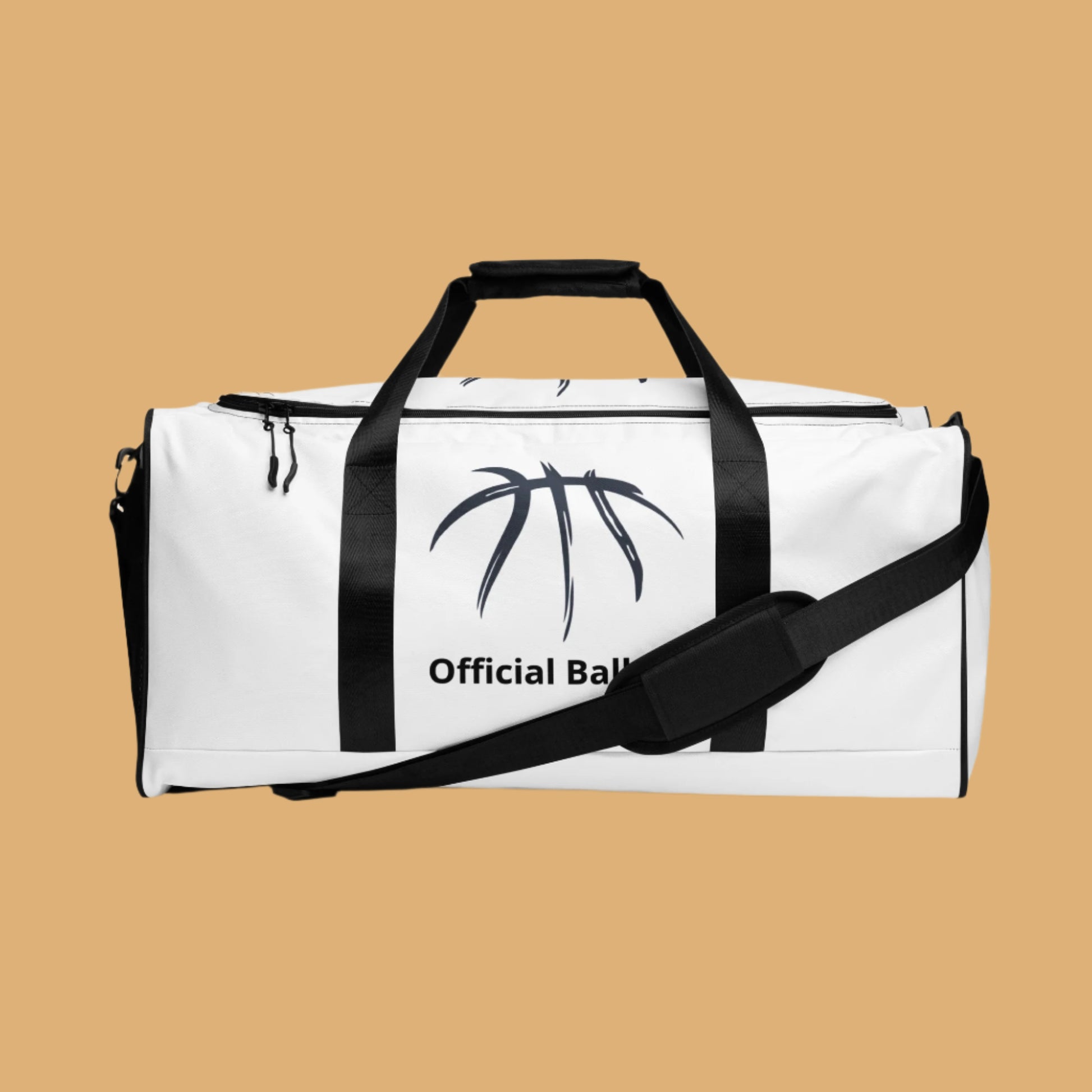 White duffel bag with black handles and a strap, featuring a basketball graphic and 'Official Ball' text on a white background.