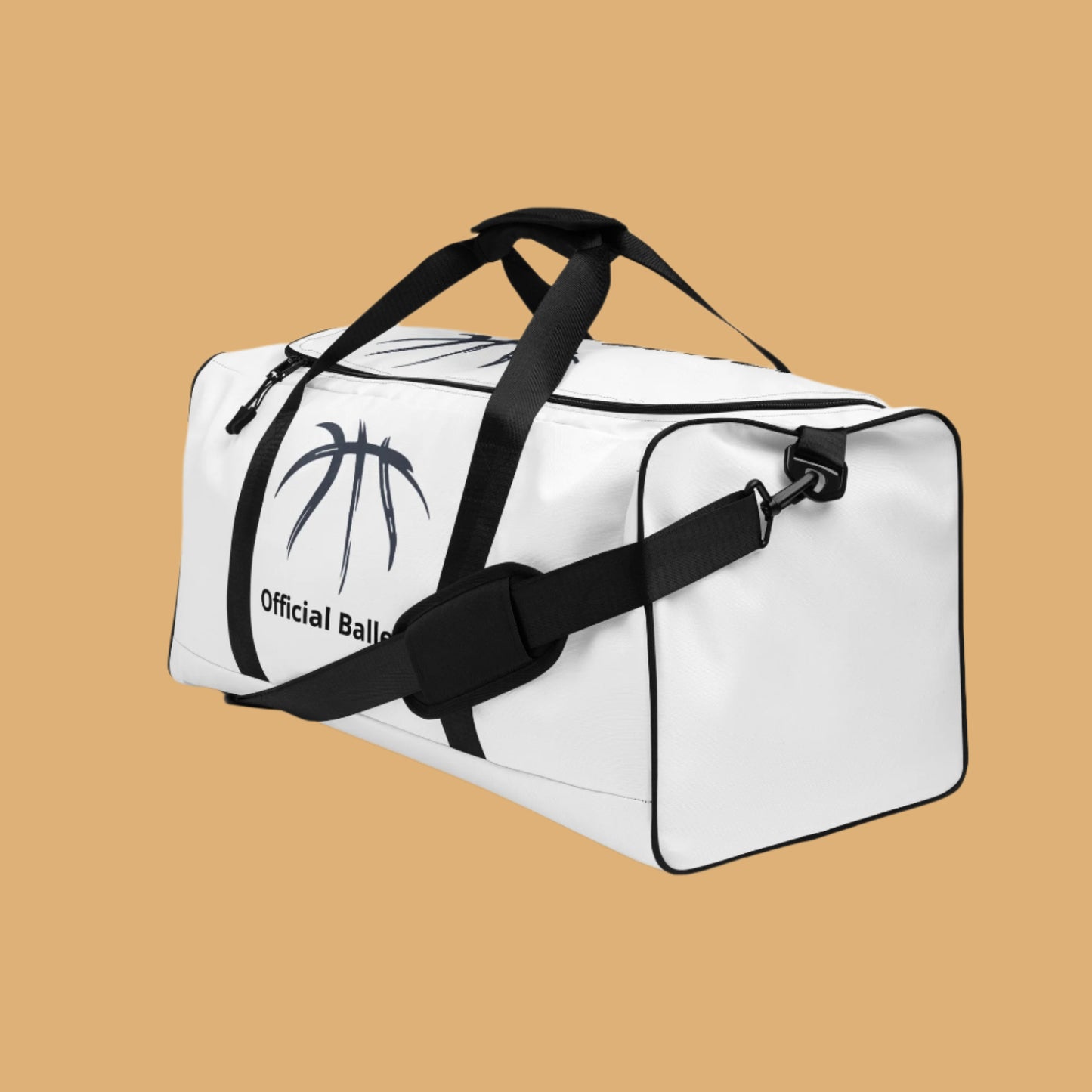 White duffel bag with black straps and a basketball graphic on a white background