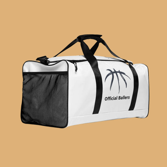 White sports bag with black accents and 'Official Ballers' branding on a white background