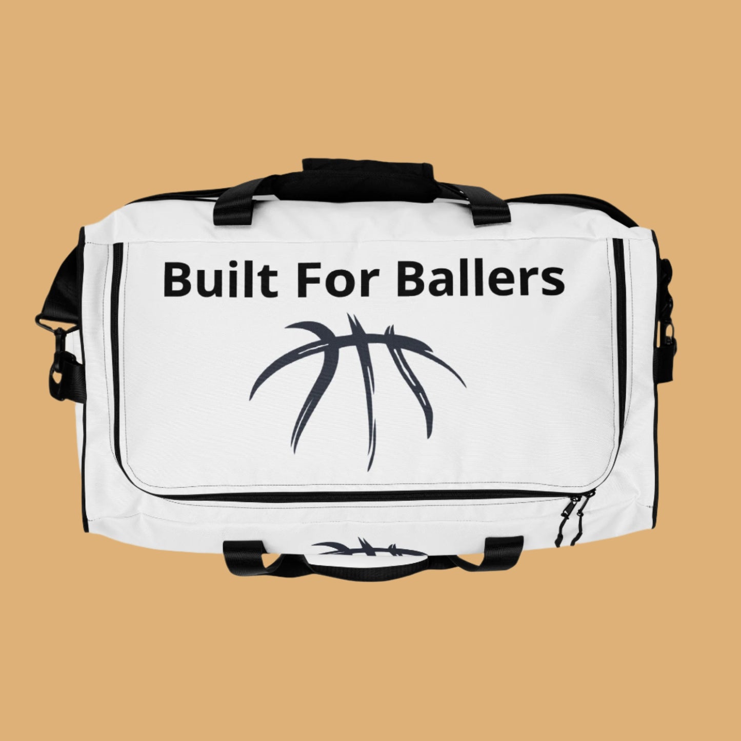 White duffel bag with 'Built For Ballers' text and basketball graphic on a white background