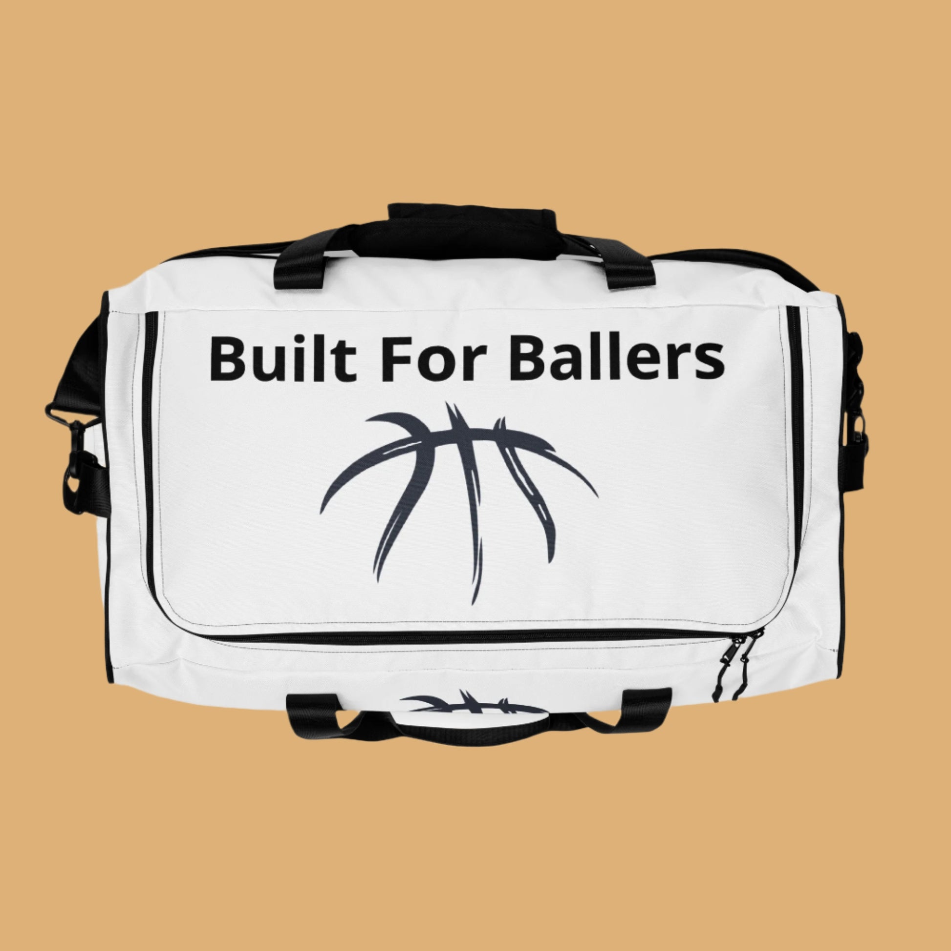 White duffel bag with 'Built For Ballers' text and basketball graphic on a white background