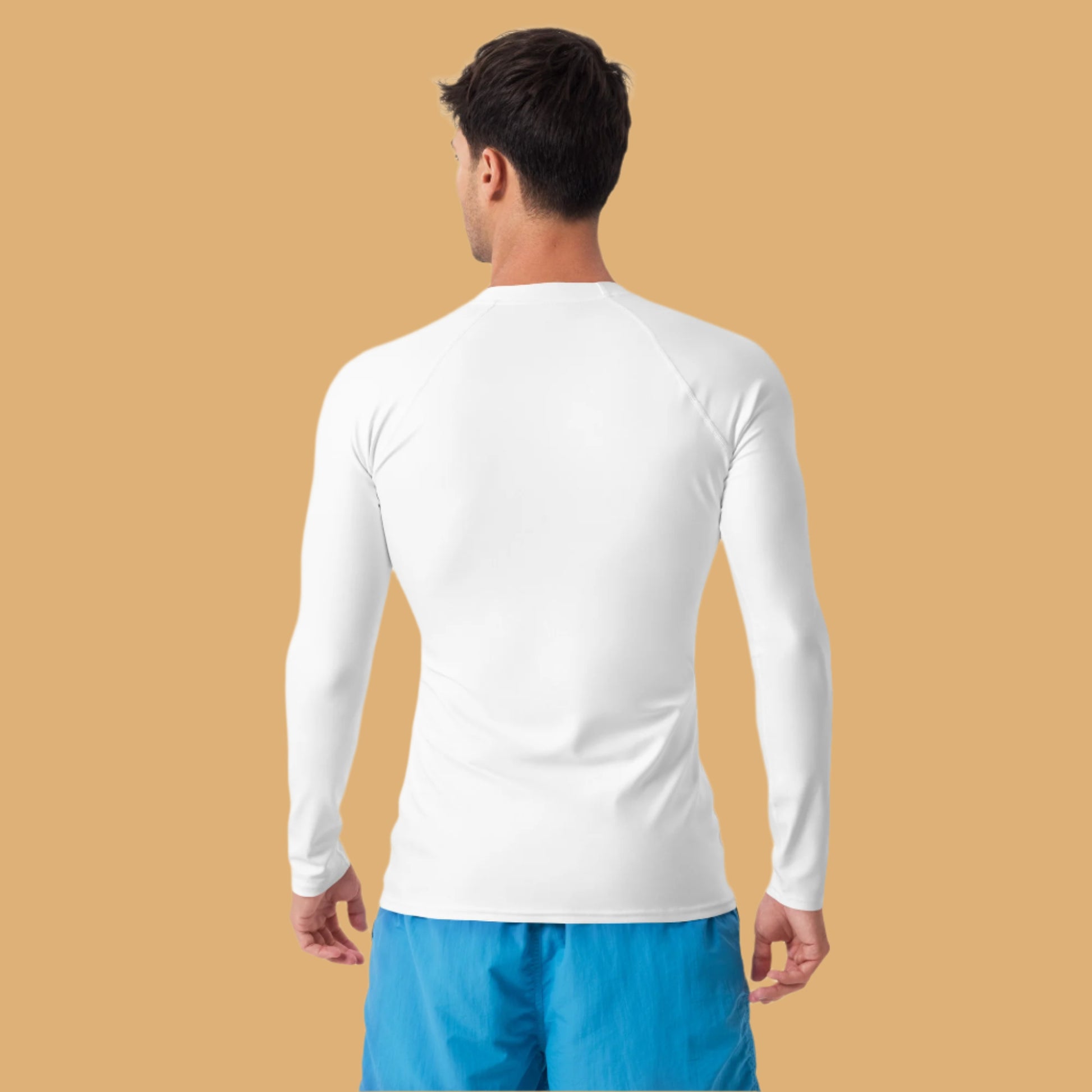 Person wearing a white long-sleeve shirt and blue shorts on a white background