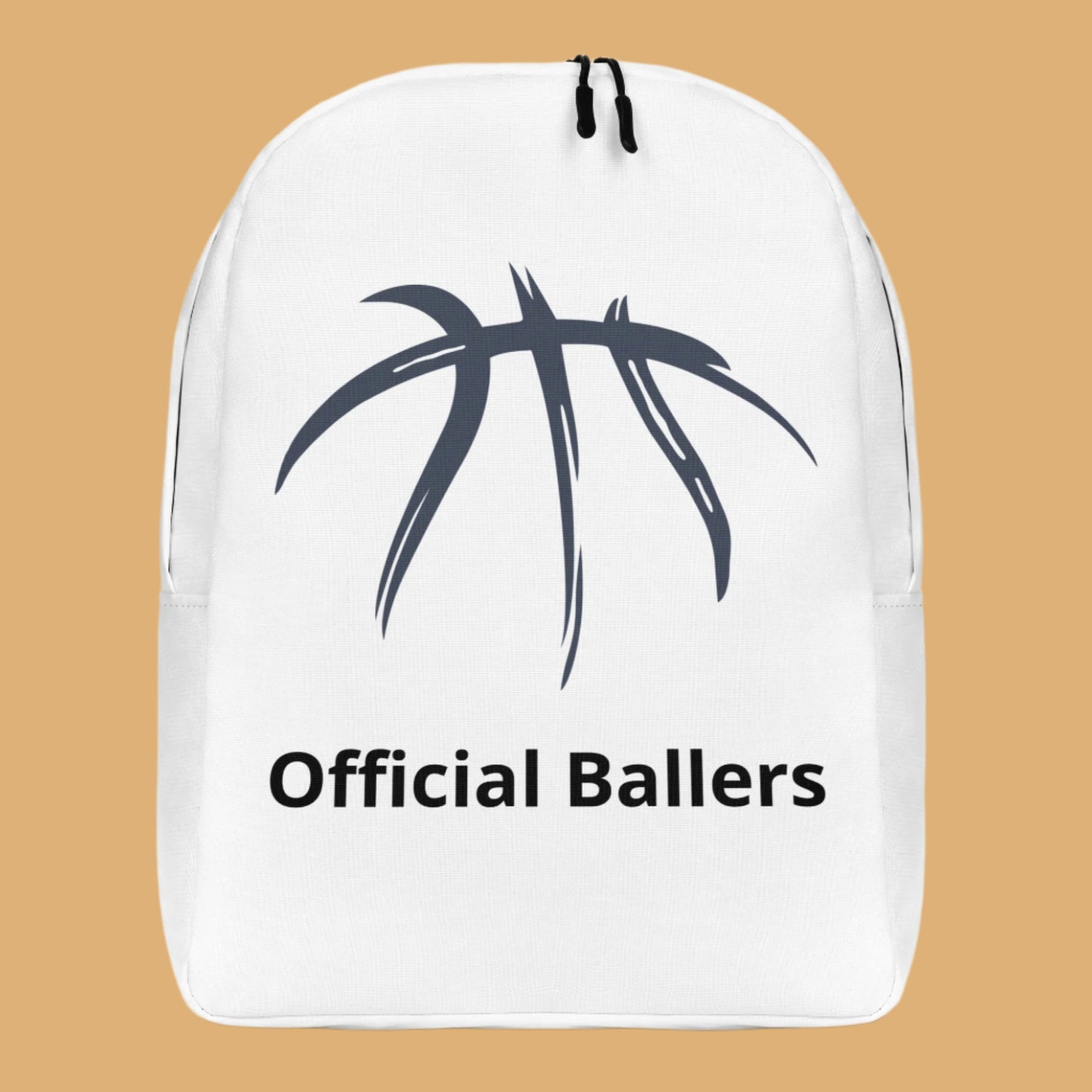 White backpack with a black basketball graphic and 'Official Ballers' text on a white background