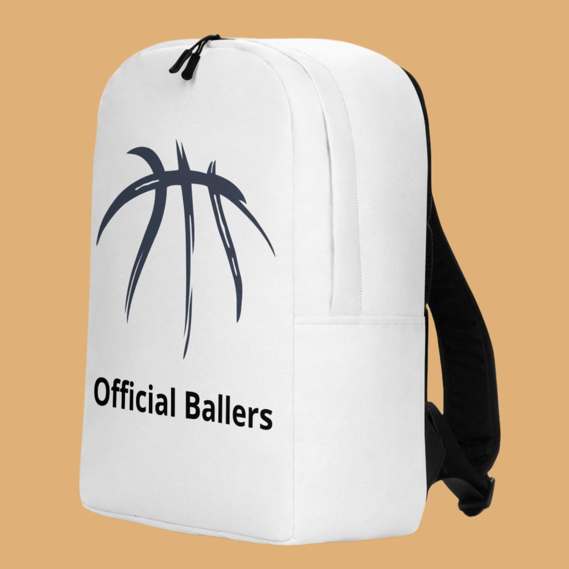 White backpack with a black basketball graphic and 'Official Ballers' text on a white background
