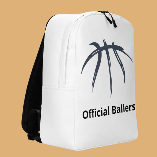 White backpack with black basketball design and 'Official Ballers' text on a beige background