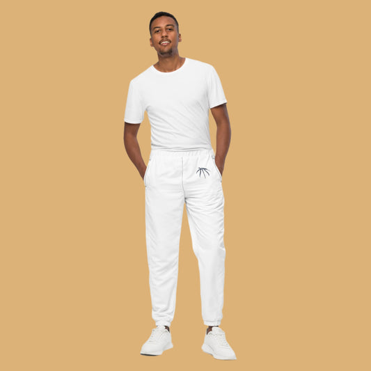 Man wearing a white t-shirt and pants on a white background