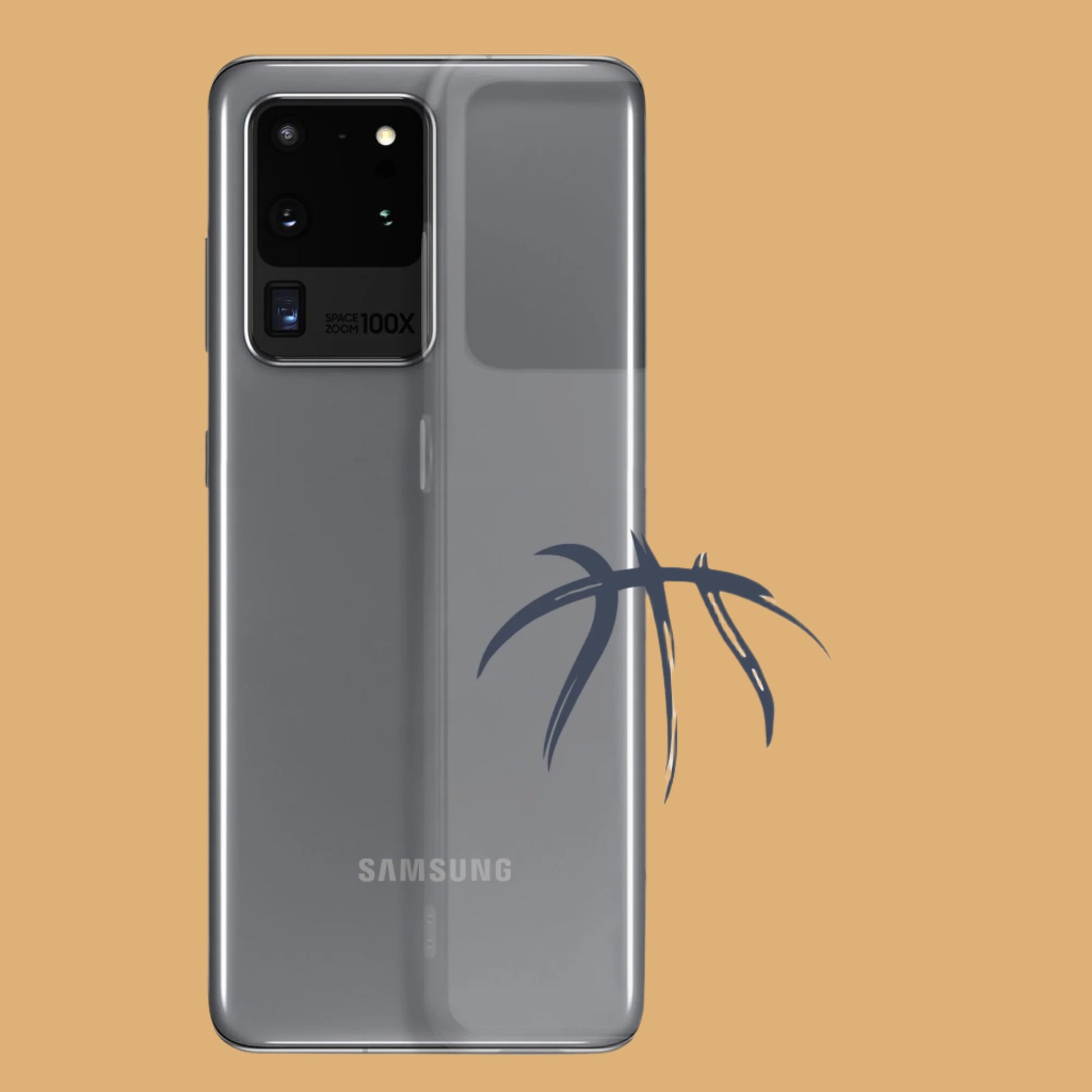 Samsung smartphone with a decorative leaf design on a beige background