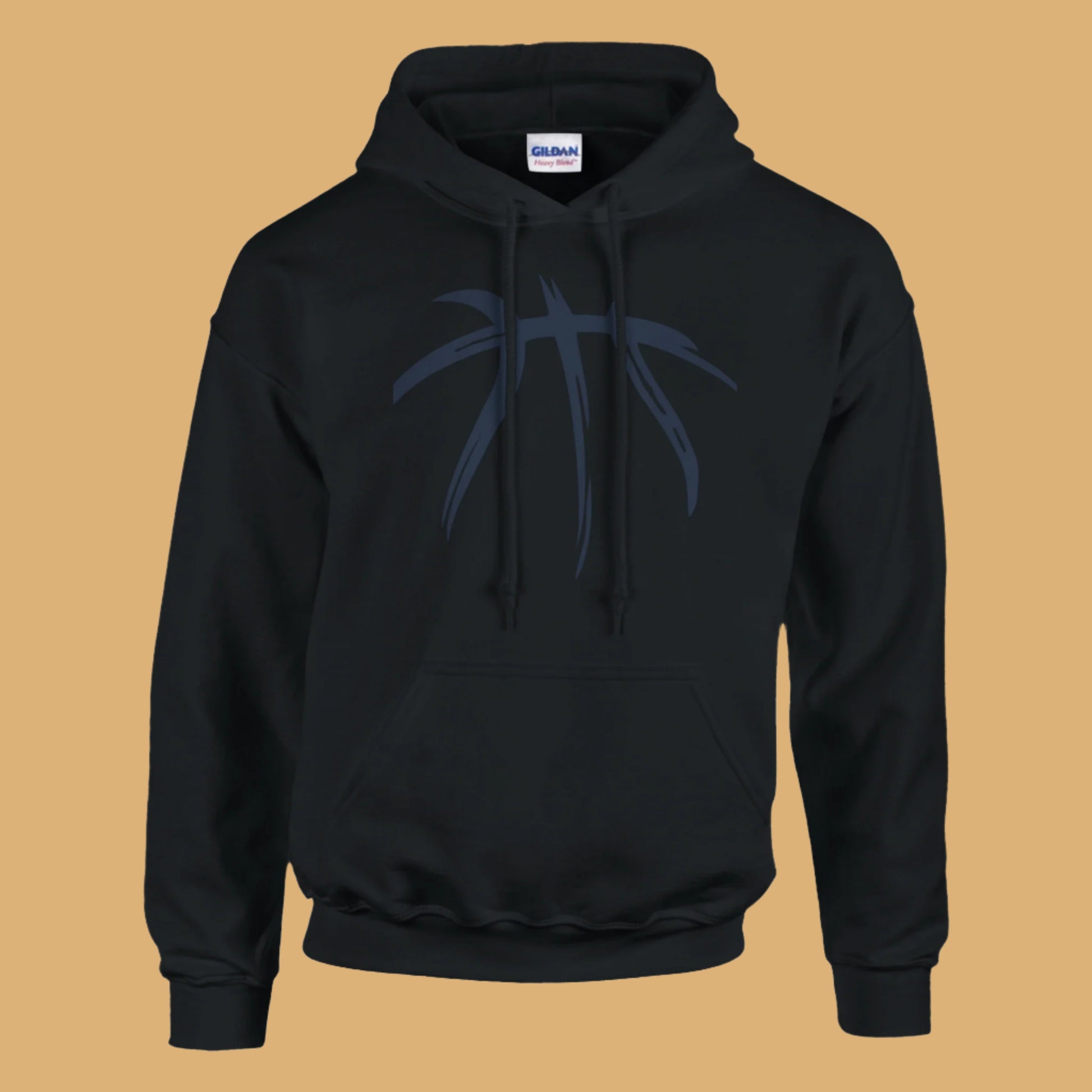 Black hoodie with a blue graphic on a white background