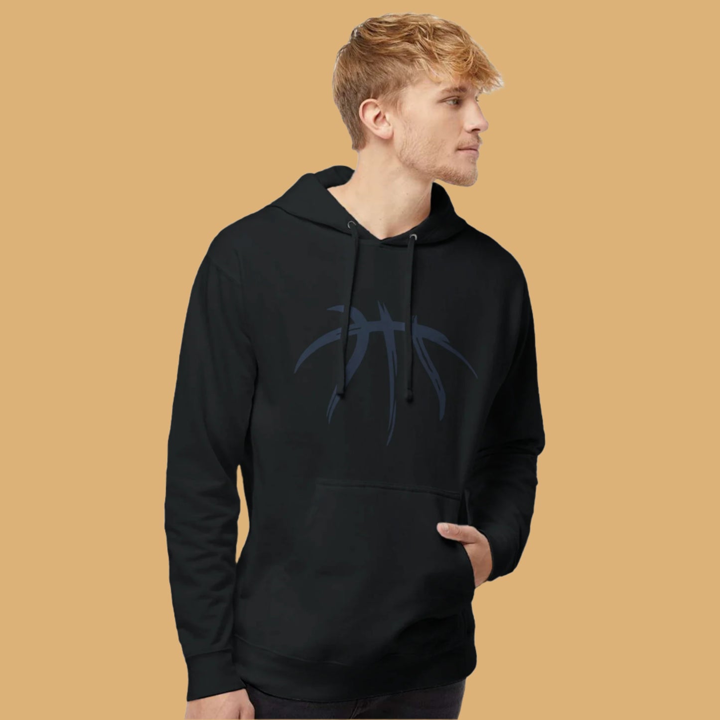 Man wearing a black hoodie with a blue graphic on a white background