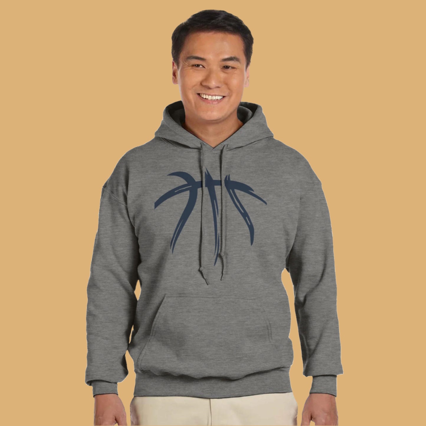 Person wearing a gray hoodie with a black design on a white background