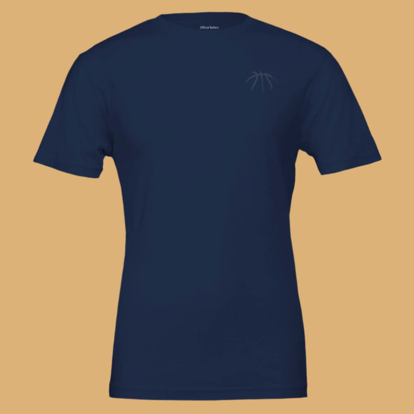 Navy blue t-shirt with a small logo on a dark gray background