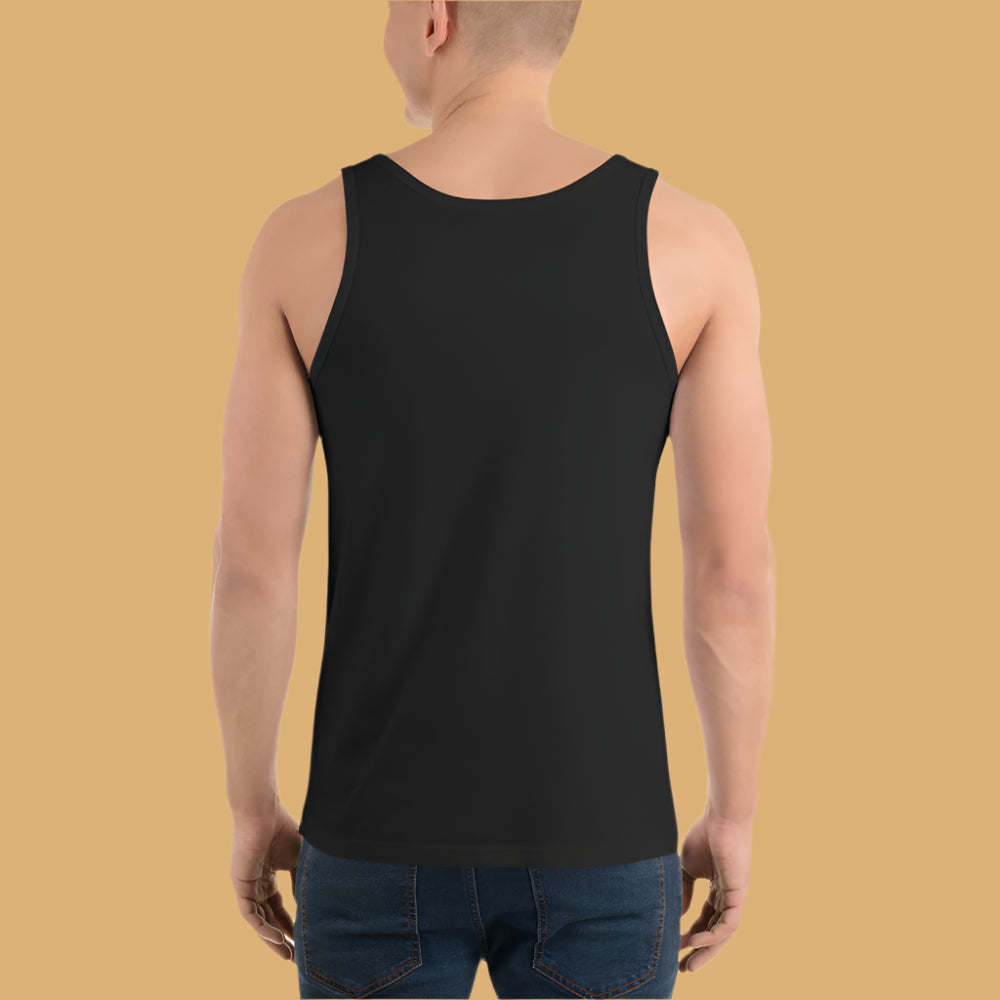 Person wearing a black tank top on a beige background