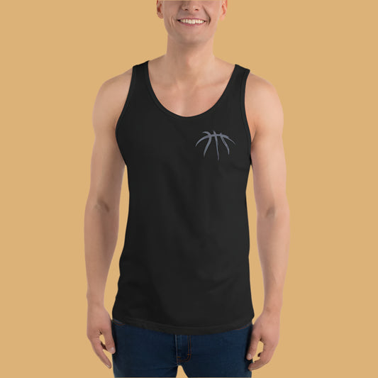 Person wearing a black tank top with a logo on a mustard yellow background