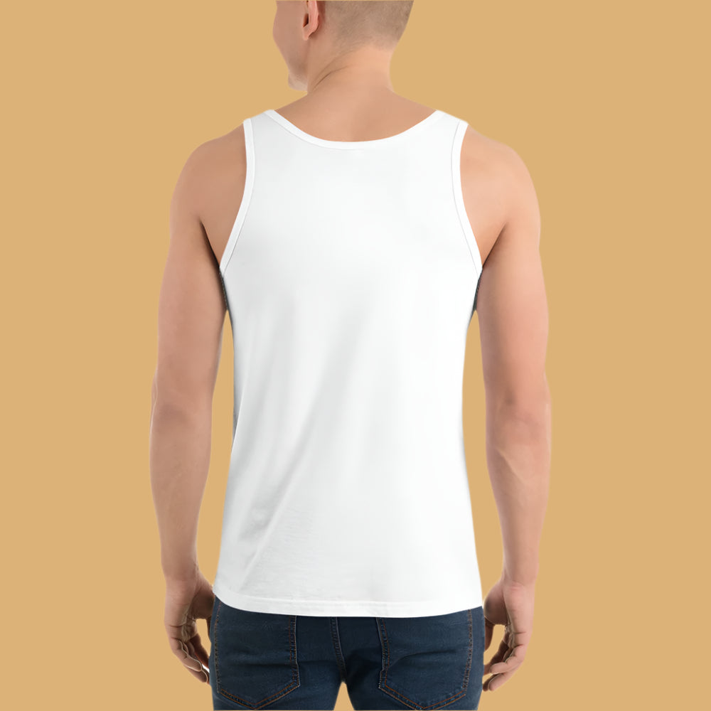 Person wearing a white tank top against a beige background