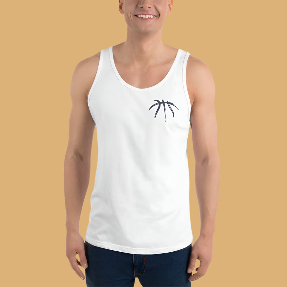 Person wearing a white tank top with a black logo on a white background