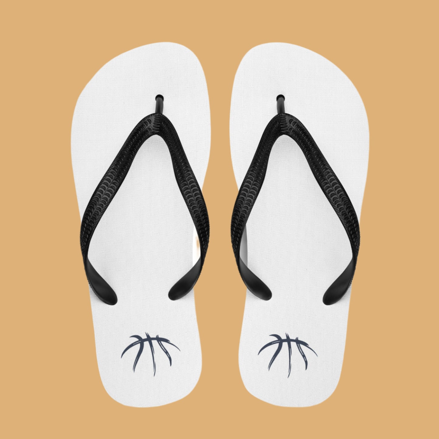 White flip-flops with black straps and small blue logos on a white background
