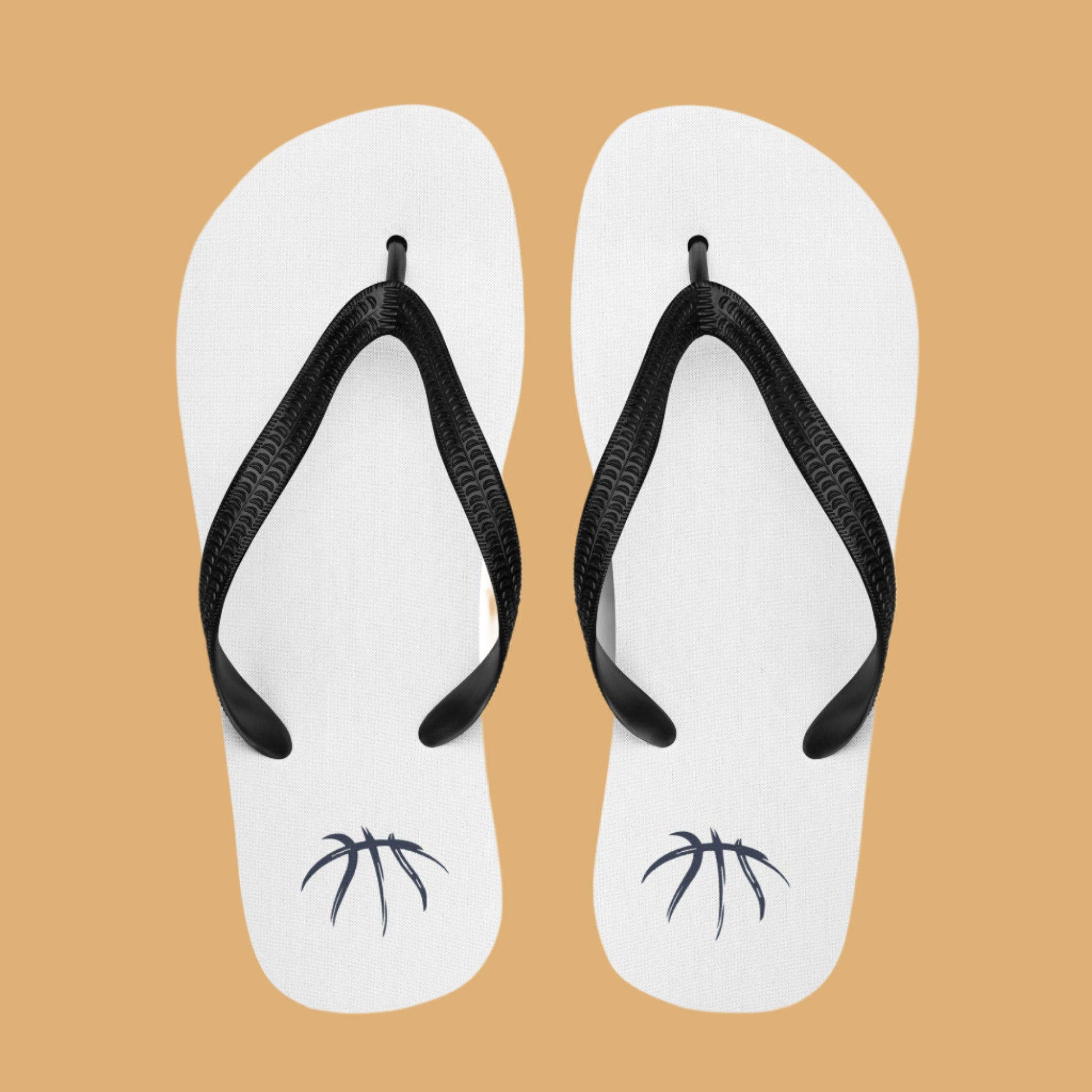 White flip-flops with black straps and small blue logos on a white background