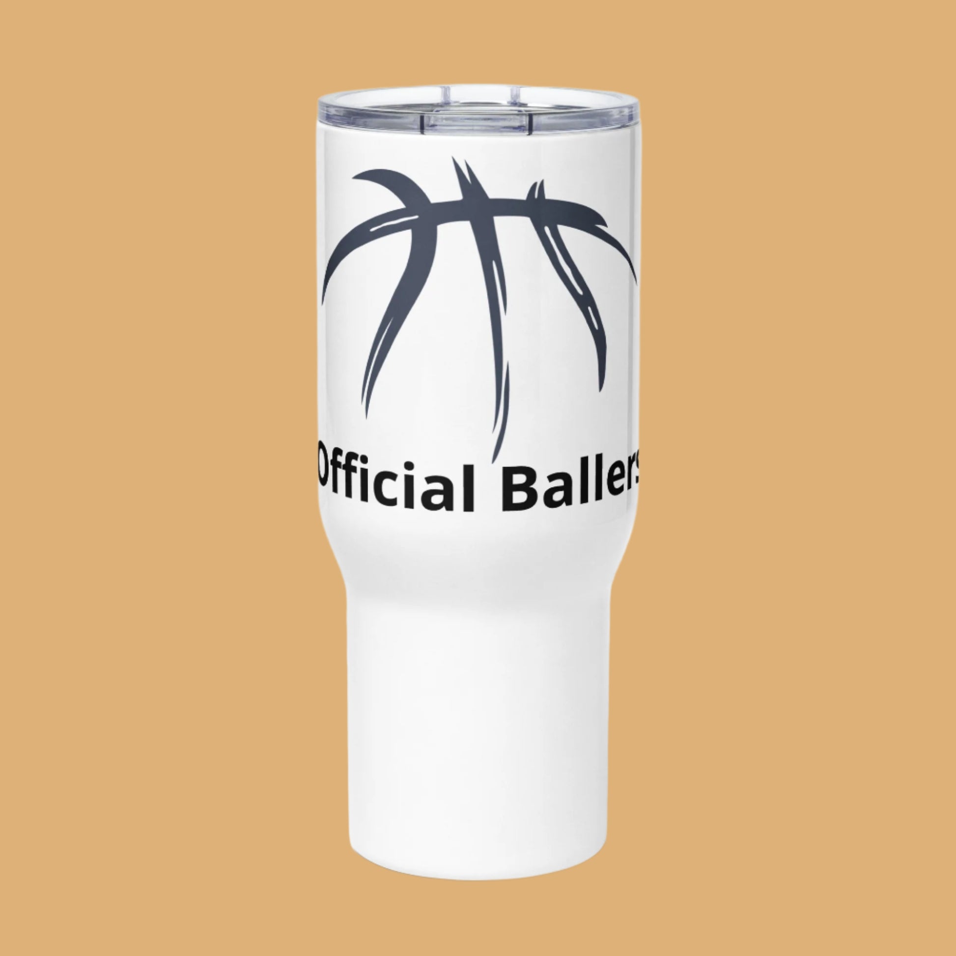 White tumbler with a black basketball graphic and 'Official Baller' text on a white background