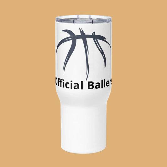 White tumbler with a black basketball graphic and 'Official Baller' text on a white background