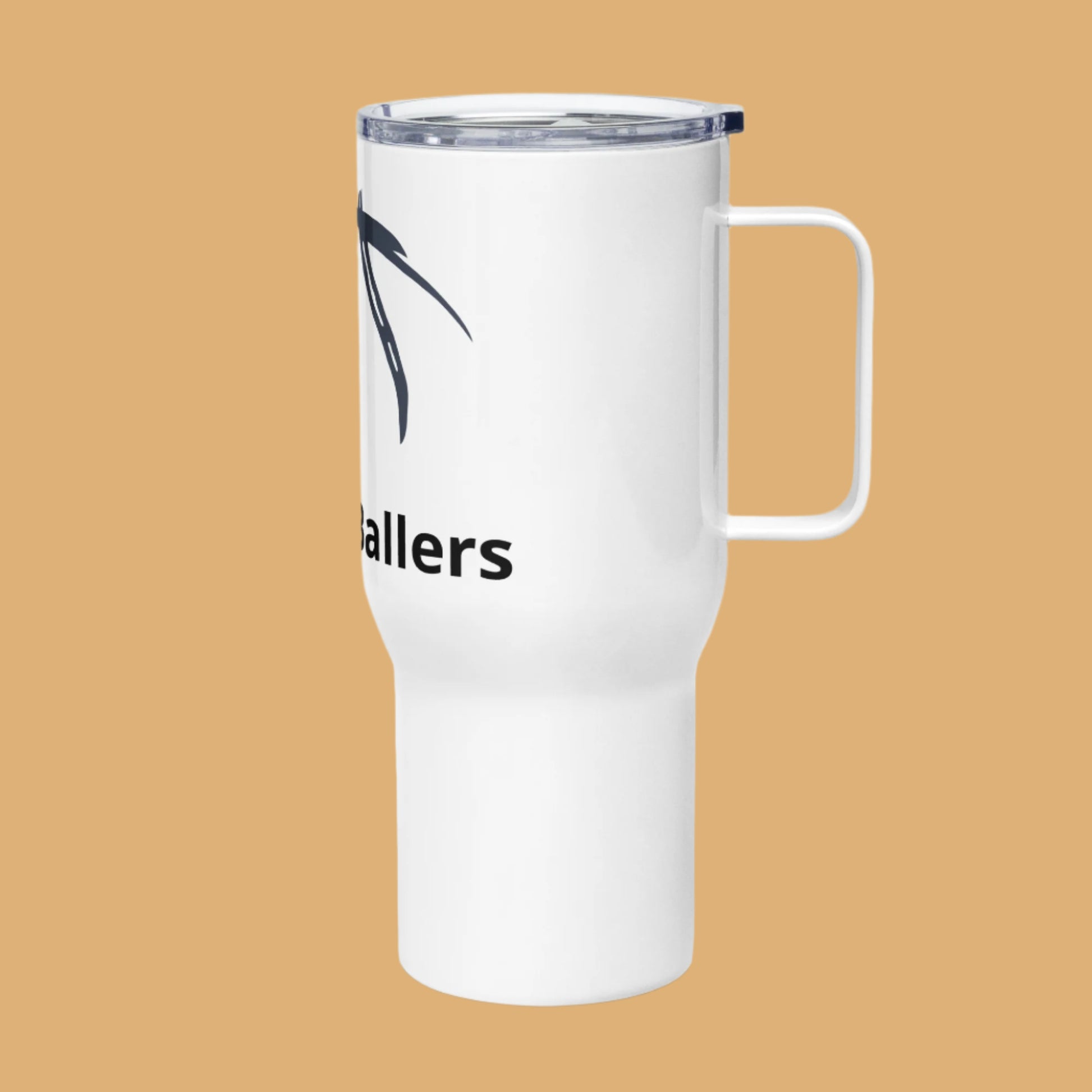White mug with 'ballers' text and black design on a white background