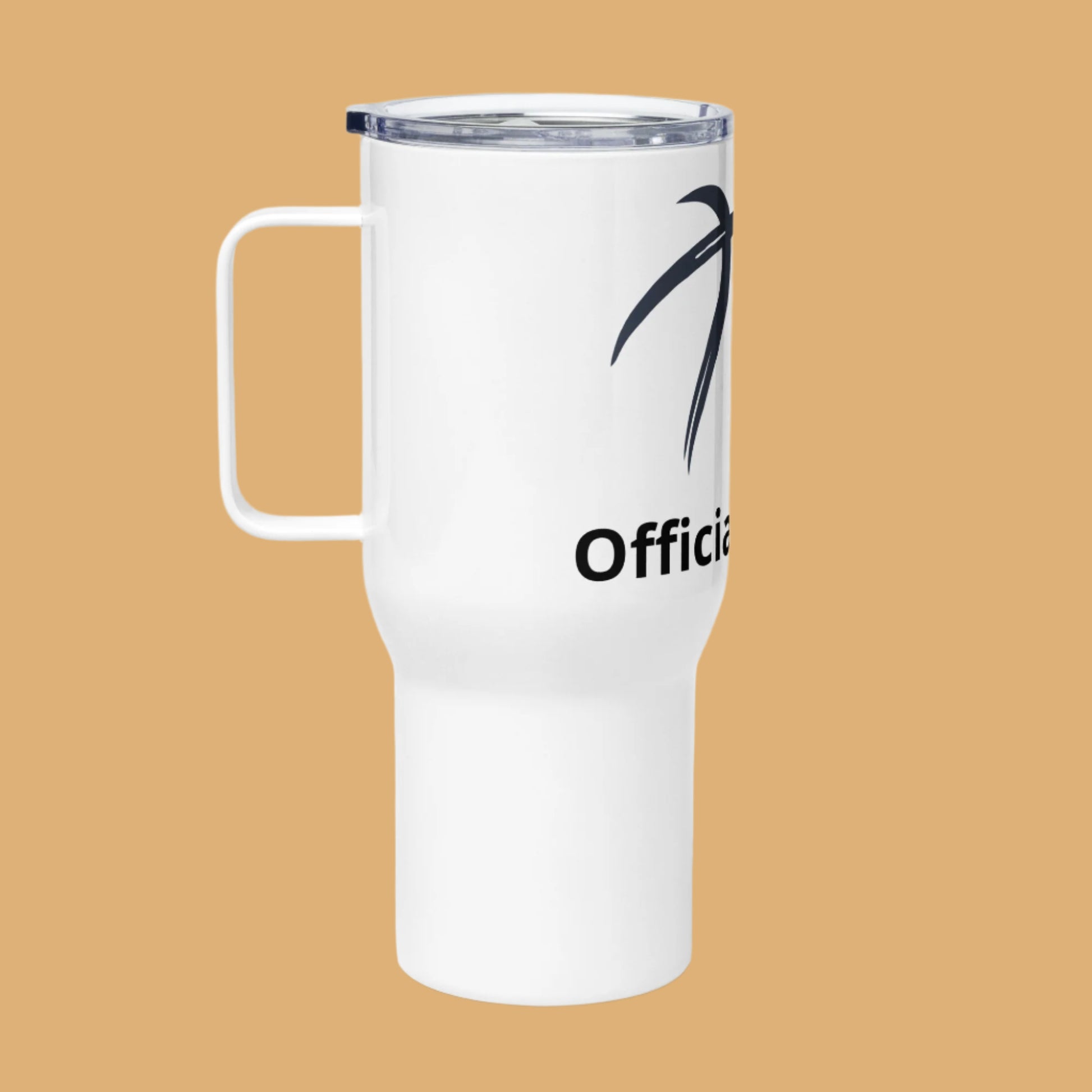 White travel mug with black text and design on a beige background