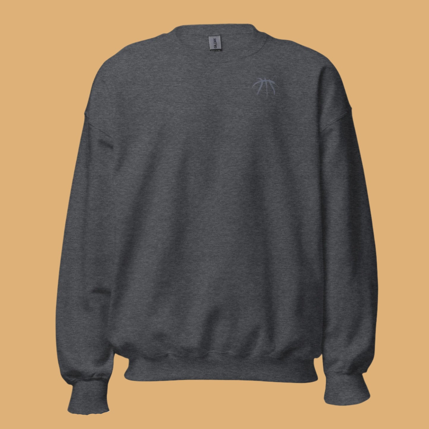 Dark gray sweatshirt with a small logo on the chest against a white background