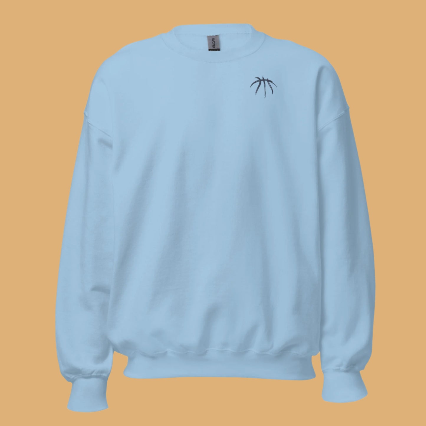 Light blue sweatshirt with a small black logo on a beige background