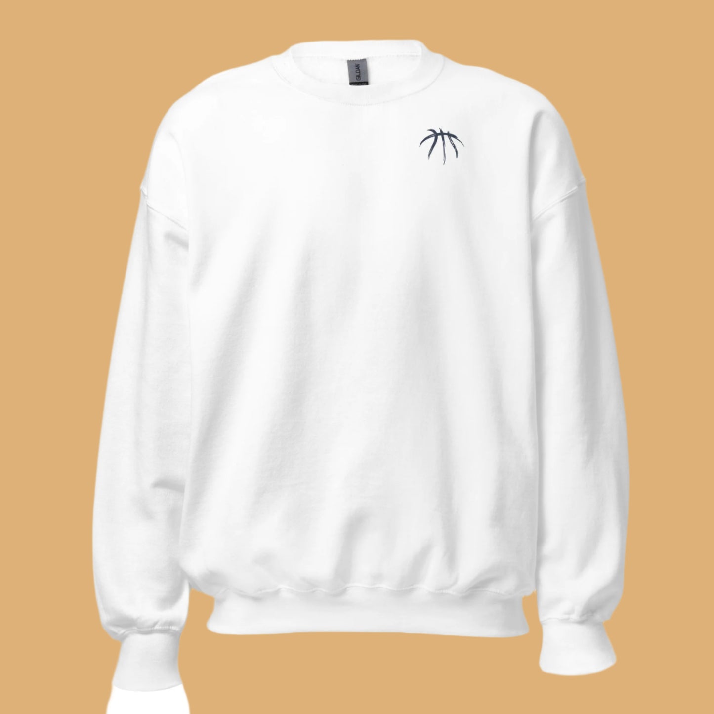 White sweatshirt with a small black logo on a beige background