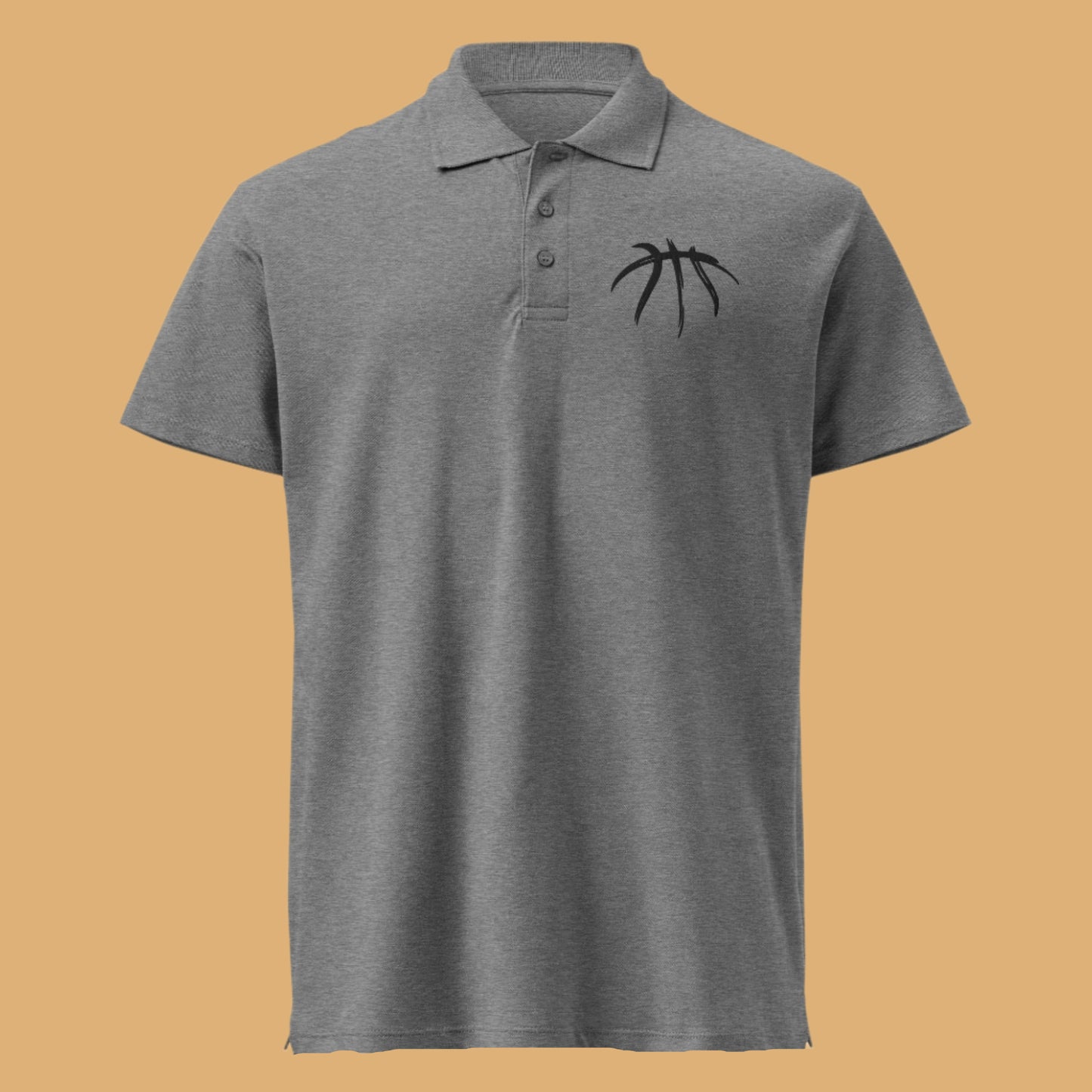 Gray polo shirt with a black logo on a white background