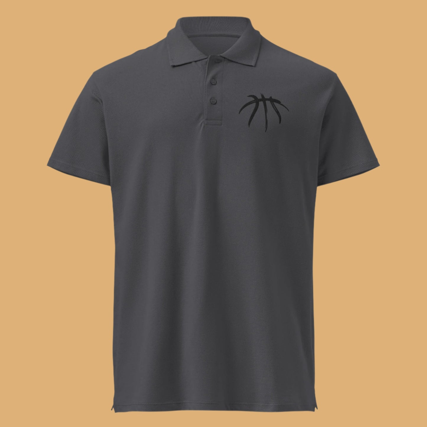 Gray polo shirt with a black basketball logo on a white background