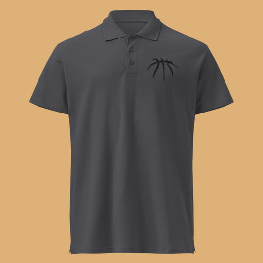 Gray polo shirt with a black basketball logo on a white background