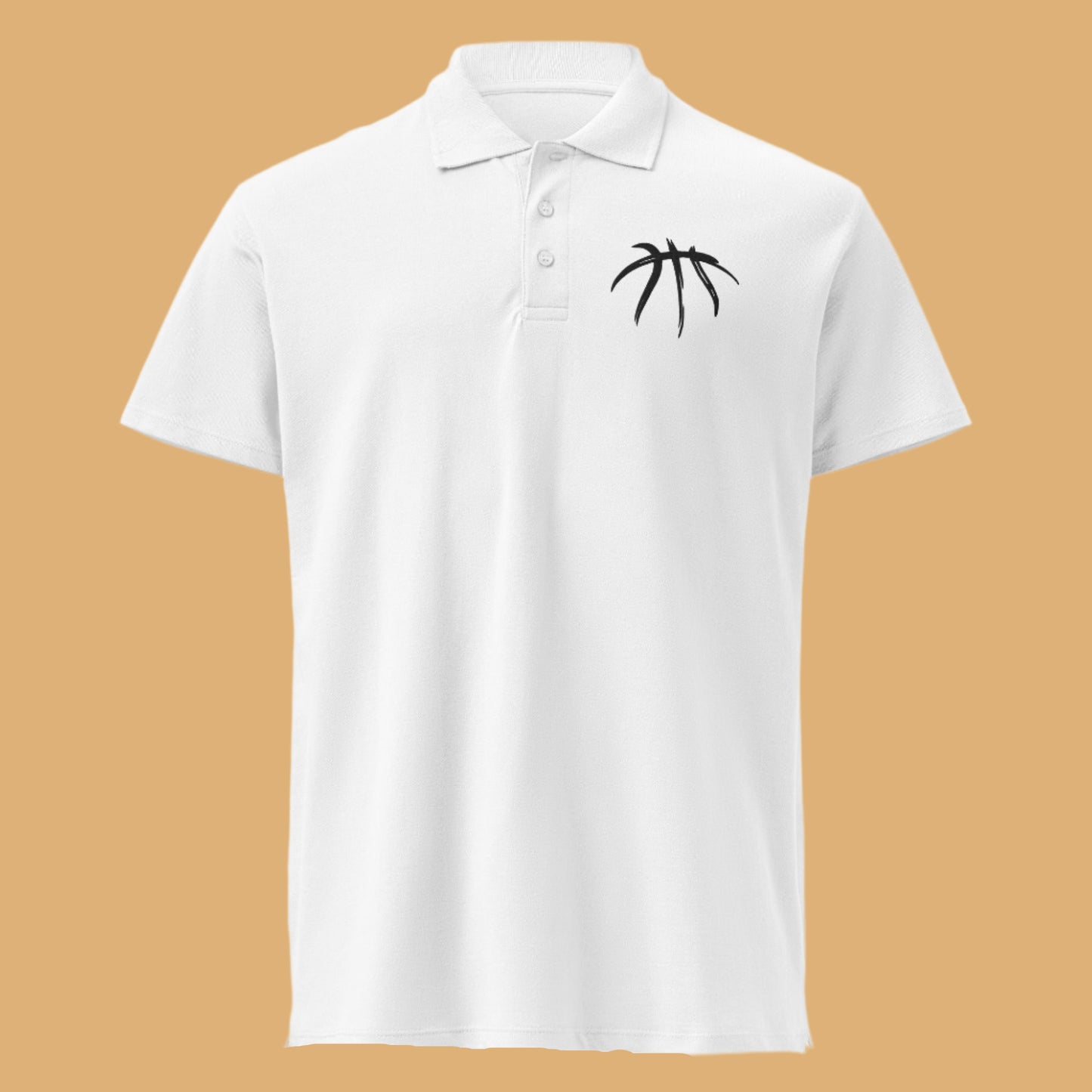 White polo shirt with a black logo on a white background