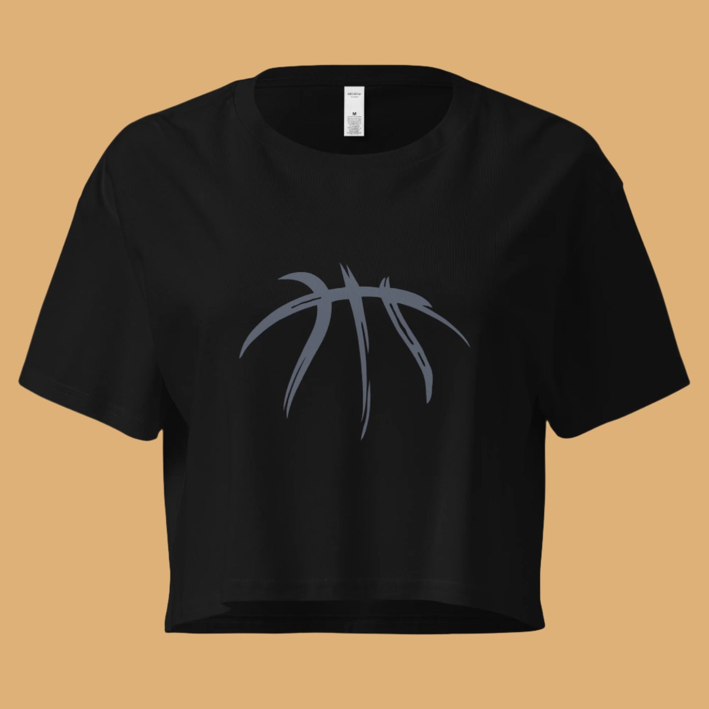 Black crop top with a gray basketball design on a white background